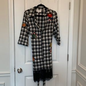 Black and white plaid / lace mid length dress with belt and embroidered flowers